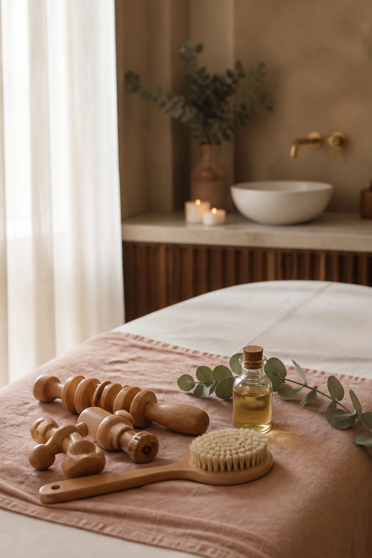 Instrumentos de drenagem linfática e massagem sobre toalha em ambiente de clínica de estética
